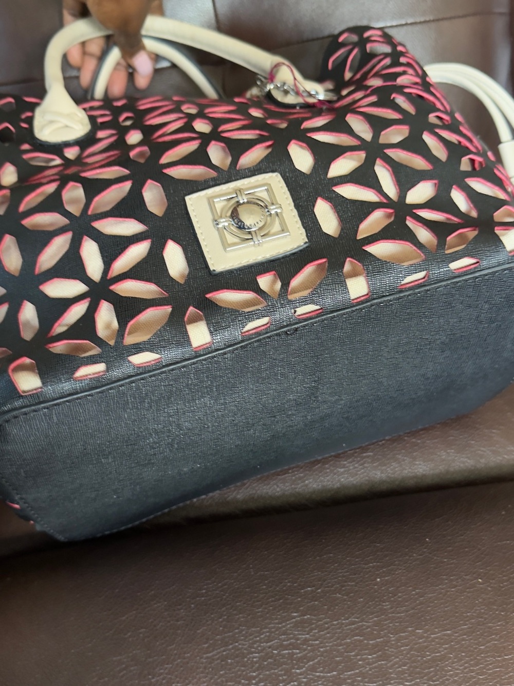 Catherine Malandrino Pink and Black Laser-Cut Tote with Cream Handles - Picture 3 of 8